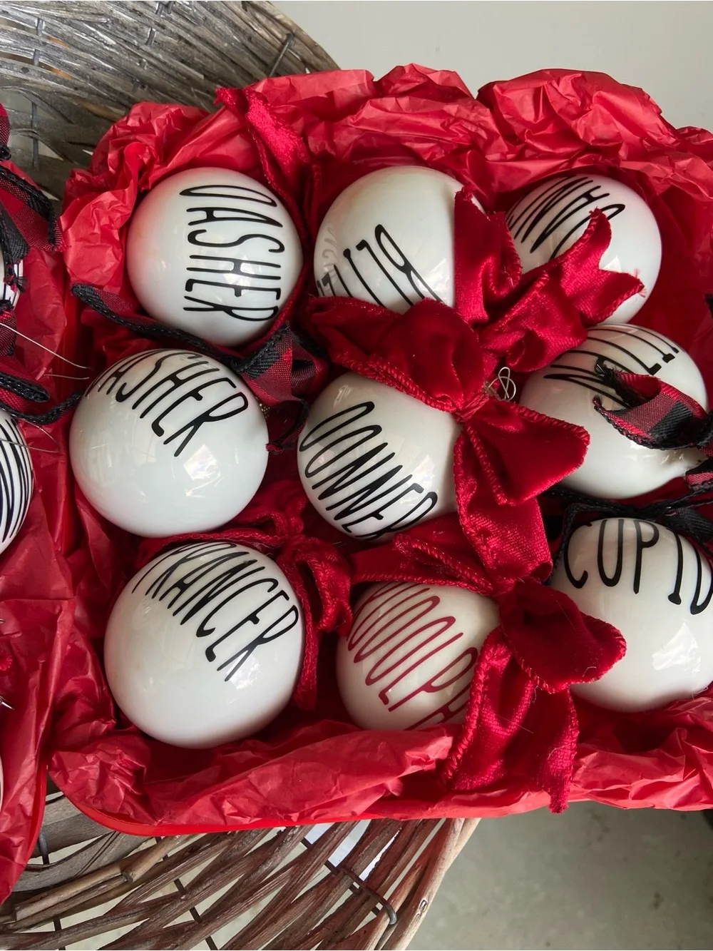 Rae Dunn White Ceramic Ornaments with Red Ribbon Accents Set of 18